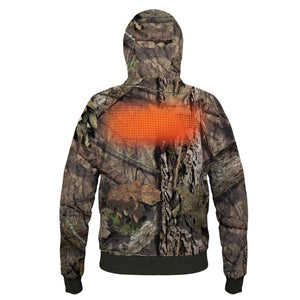 Back view of a camouflage hooded sweatshirt with a glowing orange heating element panel on the upper back