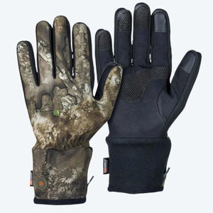 Mobile Warming heated hunting gloves with camouflage pattern and black palm grip