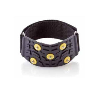 Sidas black rubber ice cleat with five yellow metal studs and adjustable strap