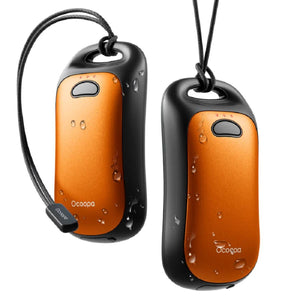 Two Ocoopa orange and black portable hand warmers with lanyards and water droplets