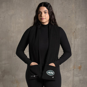 Woman wearing a black ActionHeat scarf with a New York Jets logo