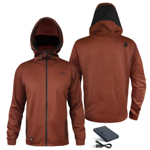 ActionHeat brown hooded heated jacket front and back view with power bank and charging cable