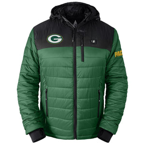 Green Bay Packers ActionHeat hooded puffer jacket in green and black