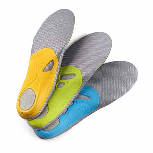 Three Sidas insoles with yellow green and blue arch support bases