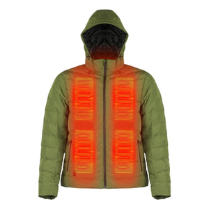 Mobile Warming olive green hooded jacket with visible internal heating elements on chest and neck