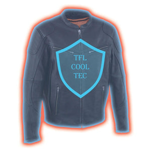 Black leather motorcycle jacket with TFL Cool Tec shield graphic