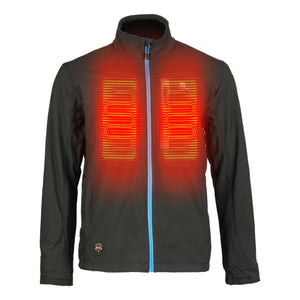 Mobile Warming black heated jacket with visible red heating elements on the chest