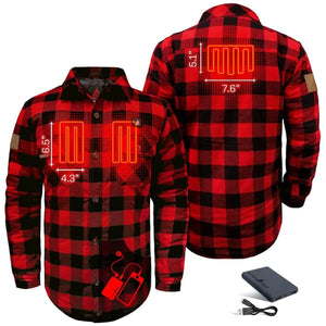 ActionHeat red and black plaid heated flannel shirt showing heating element placement and battery pack