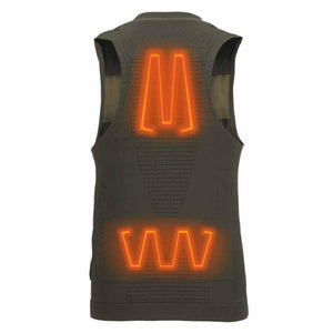Olive green heated vest showing back heating zones