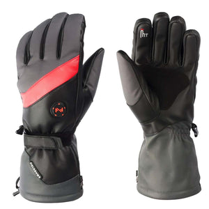 Fieldsheer black and grey heated gloves with red diagonal stripe and adjustable wrist strap