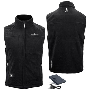 ActionHeat black fleece vest shown from front and back with battery pack and charging cable