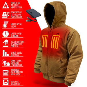 ActionHeat brown hooded jacket with tri-zone heating system features and power bank