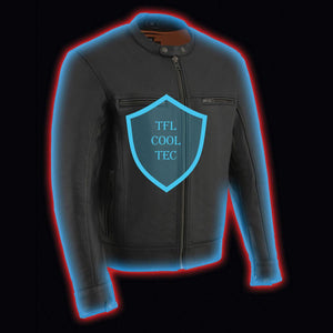 Black leather motorcycle jacket with TFL Cool Tec shield graphic