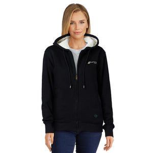 Woman wearing a black Venture Heat zip up hoodie with white lining