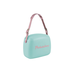 Light blue Polarbox cooler with a pink adjustable leather strap