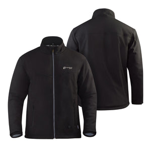 Venture Heat black softshell heated jacket showing front and back views