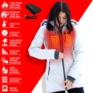 ActionHeat women white heated jacket with power bank and feature list icons