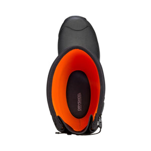 Top view of black Dryshod boot with bright orange interior lining