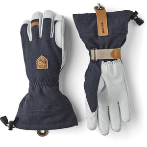 Hestra navy and grey leather ski gloves with adjustable wrist straps and logo patch