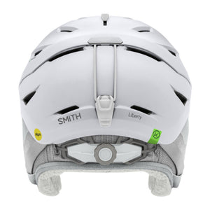Back view of white Smith Optics Liberty ski helmet with adjustable dial and goggle strap