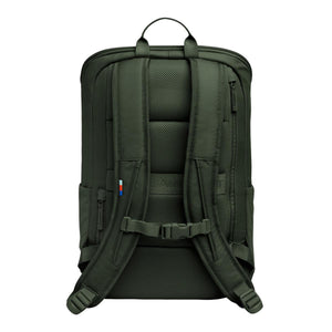 Back view of olive green backpack with padded mesh straps and chest buckle