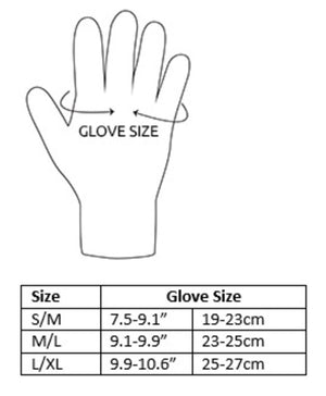 Heat Holders glove size chart showing measurements in inches and centimeters for S M M L and L XL sizes