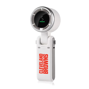 White handheld portable fan with Cleveland Browns logo and digital battery display