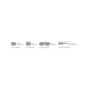 Diagram showing eyewear measurements with 45mm lens height 55mm lens width 16mm bridge width and 145mm temple length