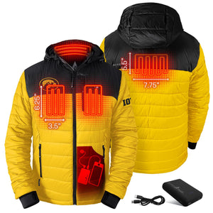 ActionHeat yellow and black heated jacket showing heating element locations and battery pack