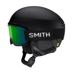 Smith Optics matte black ski helmet with green tinted goggles and MIPS technology
