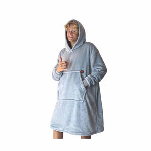 Person wearing a light blue oversized hooded fleece blanket sweatshirt
