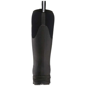 Back view of a black Muck rubber boot with a pull tab