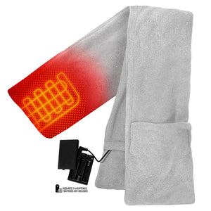 ActionHeat grey fleece scarf with internal heating element and battery pack requiring three AA batteries