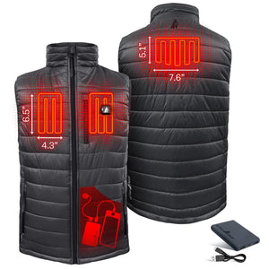 ActionHeat black heated vest showing heating element dimensions and battery connection