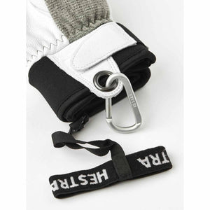 Hestra glove cuff with carabiner and wrist strap