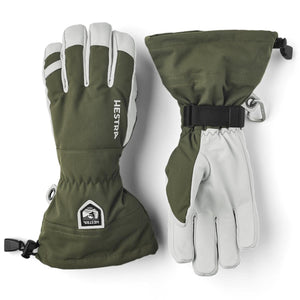 Hestra olive green and grey leather ski gloves with adjustable wrist straps