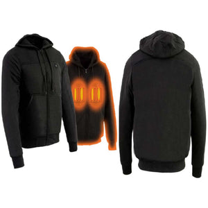 Black zip up hooded sweatshirt showing internal heating elements