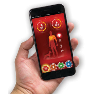 Smartphone displaying a thermal monitoring app interface with body temperature and battery percentage