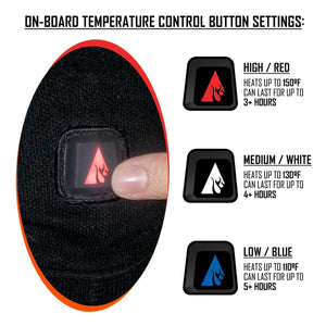 Temperature control settings showing high red medium white and low blue heat levels with duration