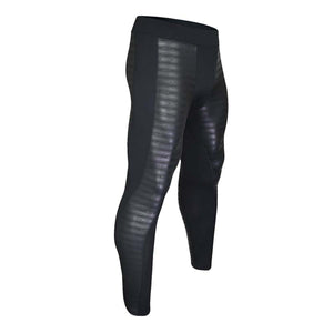 Black compression leggings with ribbed texture panels on the thighs