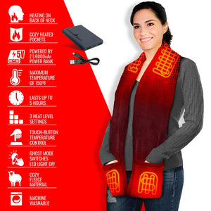 ActionHeat scarf with neck and pocket heating elements power bank and feature list