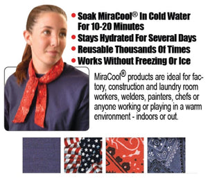 Woman wearing a red MiraCool cooling neck wrap with product usage instructions and pattern options