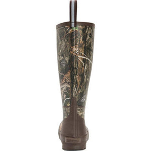 Back view of a Muck Boot tall rubber hunting boot with a brown camouflage pattern and a pull tab