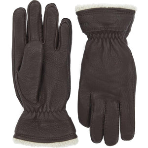 Hestra brown leather gloves with white fleece lining