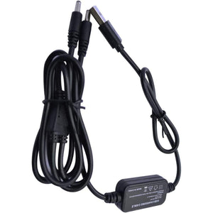 Black USB charging cable with two barrel connectors