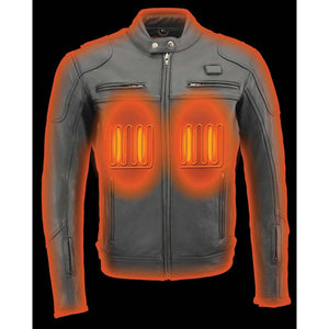 Milwaukee Leather black motorcycle jacket with glowing orange heating elements on chest and arms