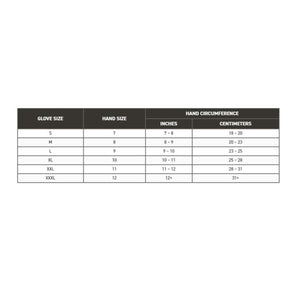 Impacto glove size chart showing hand circumference in inches and centimeters