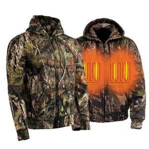 Mossy Oak camo heated zip up hoodie with glowing orange heating elements on the chest