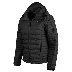 Gobi Heat black quilted hooded jacket with front zipper and chest power button