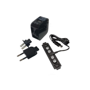 Hotronic battery charger kit with power adapter, two plug attachments, and a charging rail
